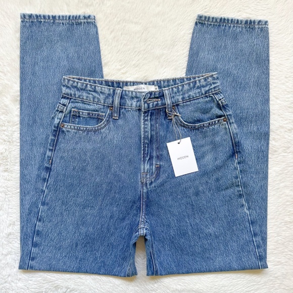 HIDDEN Zoey Tapered Mom High Rise Ankle Cropped Acid Wash 100% Cotton Jeans - Picture 2 of 12